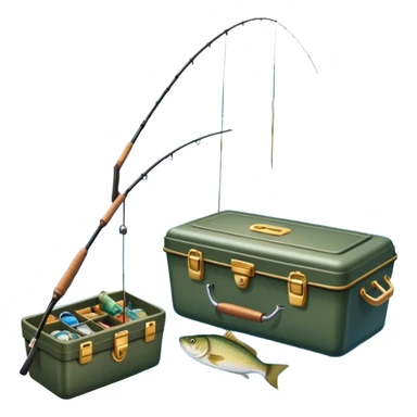 Icon for Fishing: a boat on the shore of a peaceful water body with a beautiful natural landscape, a fishing tackle box, a spinning rod. The icon should capture the tranquility and gear of a fishing adventure. Without frame. Transparent background. sticker