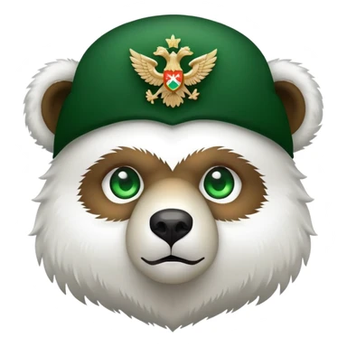 Adorable bear head with bright green eyes, white fluffy ushanka with clean simple Russian double-headed eagle emblem, minimalist iOS emoji style sticker