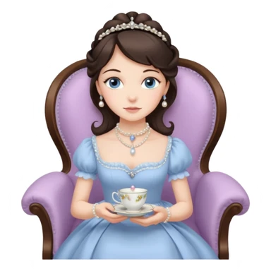 Blue-eyed brunette, wearing a Victorian style dress. She has a simple pearl necklace. Her dress is the palest lilac.  She is sitting gracefully in a chair, holding a teacup and saucer sticker