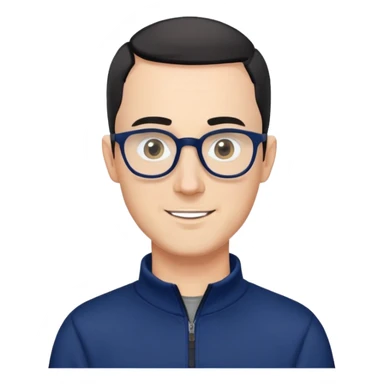 Caucasian man with very short black hair (close-cropped buzz cut), short beard with gray streaks, large black eyeglasses, cheerful expression, navy blue long sleeve sweatshirt with quarter zip sticker