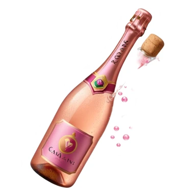 bottle of sparkling rosé champagne with a rose logo on the label, with the cork exploding out from the top, tilted up and to the left, no glass sticker