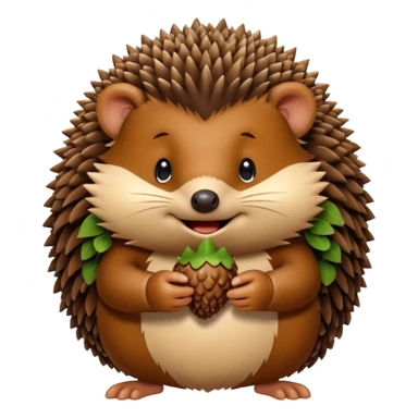 A round hedgehog with a small fuzzy beard puff under its nose, smiling shyly while holding a tiny acorn.



















 sticker