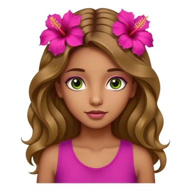 Una ragazza con gli occhi tra il marrone e il verde con gli occhi grandi i capelli lunghi castani quasi biondi lunghi fino alle spalle,poi magra con un top fucsia e uh hibicus sempre fucsia trai capelli  sticker