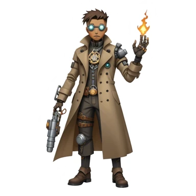 cartoonish, rough, and battle-worn cyber-steampunk Dr. Numen Oppen! His rugged trench coat, exposed mechanical joints, and worn cybernetic enhancements capture the fusion of steampunk and cyberpunk aesthetics. sticker