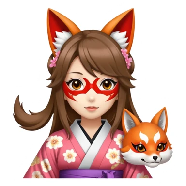 hime gyaru girl, kimono, brunette hair, kitsune mask sticker
