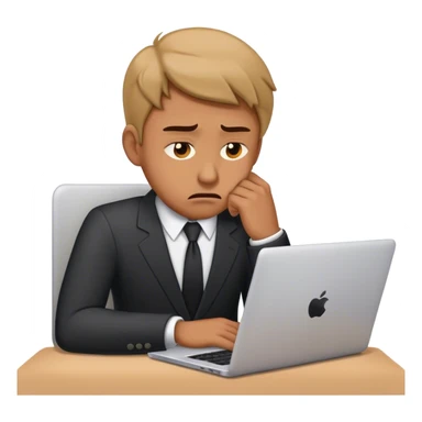 Minimalist emoji of a sad businessman at a laptop, looking exhausted and frustrated. sticker