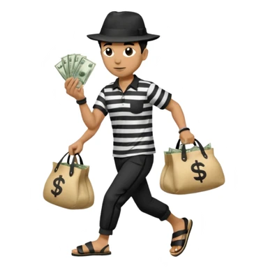 Make a man wear a black pant and he shirt is balck line and white line and wear a black hat and he holding a money bag and he running he wear a black eye thing no money in the Left hand and he yellow and the money bag in the right he wear a flip flop like this is Money bag 💰 NO MONEY sticker
