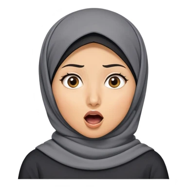 người phụ nữ 30 tuổi, da vàng, đội khăn hijab, tóc ngắn màu đen, mặt biểu cảm ngạc nhiên, mồm mở rộng hình chữ O, áo màu xám đậm, nửa thân trên sticker