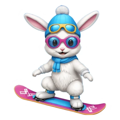 A bunny on a snowboard in blue wearing ski goggles and making party sticker