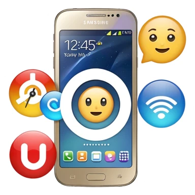 Samsung Galaxy phone with app icons, time, Wi-Fi sticker