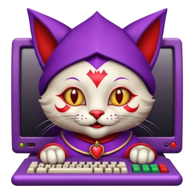 crazy colorful cute little cat jolly joker from poker, medieval, vintage, court jester, mac os icon, purple and red color, half body. The cat is represented as Code inside a retro computer terminal sticker