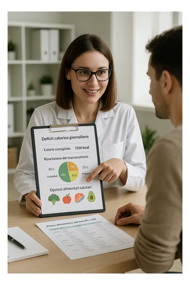 a nutritionist sits at a desk with a client, showing a personalized meal plan and a chart that clearly displays the client’s specific daily caloric deficit. The nutritionist points to the chart, which includes recommended calories, macronutrient breakdown, and healthy food options. The mood is professional, supportive, and educational. scritte in italiano sticker