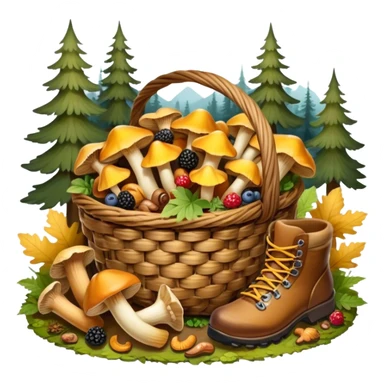 Icon for Mushroom and Berry Tourism: a basket filled with mushrooms chanterelles, boletus and aspen and berries, surrounded by forest elements like trees, leaves and a hiking boots. The icon should capture the joy of foraging in nature. Transparent background. sticker