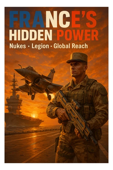 Epic sunset scene of a Rafale fighter jet taking off from a carrier with an orange sky. Foreground features a French Foreign Legionnaire in desert camouflage with a sci-fi rifle. Bold French flag-colored headline: 'FRANCE’S HIDDEN POWER'. Subtext: 'Nukes • Legion • Global Reach'. 8K, dramatic lighting. sticker