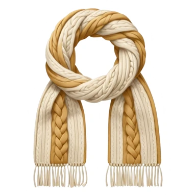 ivory cable-knit scarf emoji, isolated object, no person, folded not twisted, visible braided knit pattern like a knitted sweater, thick soft wool texture, light beige shadows, warm soft shading sticker