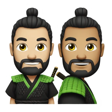 white man with short beard and a "top knot" samurai style black hair. Plain black tshirt. green eyes. slightly smiling. sticker