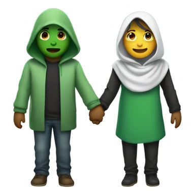 Hooded alian with green skin holding hands with a other person and looking away. 2 people in the picure sticker