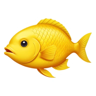 bright yellow fish in strict side view profile, facing exactly to the right, only one side visible, single eye, perfectly flat 2D representation, dopey stupid expression sticker