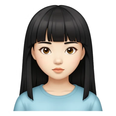A girl with asian bangs and straight and slightly long hair, look like an asian  sticker