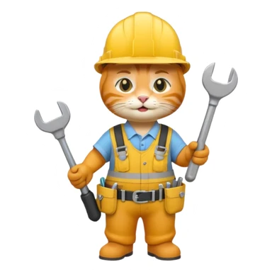 orange tabby cat wearing yellow hard hat holding tiny wrench, standing upright with tool belt, 3D emoji style sticker