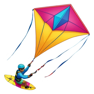 A vibrant kite soaring high in the sky, attached to a kiteboarder riding the waves below. The scene is filled with bright colors, capturing the energy of the sport. The background features the ocean, wind-blown waves, and a clear sky, showcasing the excitement and freedom of kiting. sticker