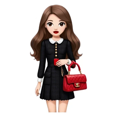 White girl with brown long hair dressed up in black chanel tweed dress with a red chanel bag and red lipstick. Close up shot with wind blowing her hair looking fancy sticker