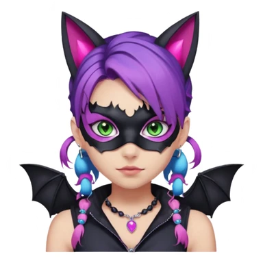 Girl with green eyes, wearing a bat mask with pink stones around her eyes, her hair tied in a ponytail, the hair is purple with blue and pink streaks, with black cat ears with pink stones around, wearing a black shirt that covers the neck, and a sleeveless blue jacket, and a necklace of pink stones sticker