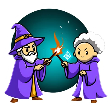 wizard and brain dueling with colorful spell blasts sticker