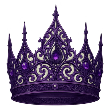Change the gothic black crown to have intricate filigree in purple metal, purple diamonds, and a dramatic silhouette. Keep the background transparent. The style should maintain the gothic and elegant look of the original image. sticker