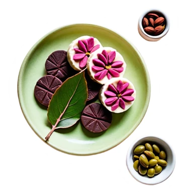 Una composición de arte en miniatura, estilo flat lay: un trozo de manteca de Karité o cacao cruda con una pequeña ramita de oliva y pétalos de rosa seca alrededor. Colores: tonos tierra, verde oliva y crema. Estilo: orgánico y de estudio fotográfico. Fondo suave. sticker