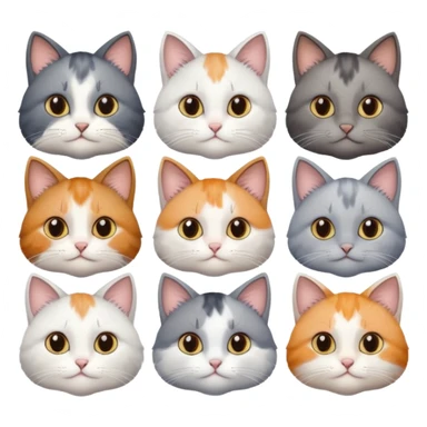 6 realistic looking cats with different natural coloured coats, assorted grey and white, greys, calico, brown and white colours etc
 sticker