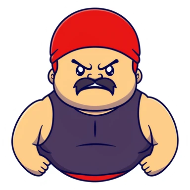 Close-up of very fat white skin guy with young face, beard and mustache, no muscle with prominent black durag, black eyes in a red and black wrestling singlet with angry face sticker