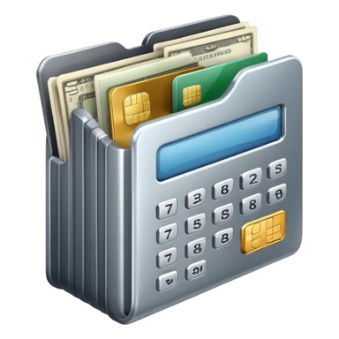 Closed folder icon with small symbols floating around: bank building, credit card, calculator, and document – organized financial archive sticker