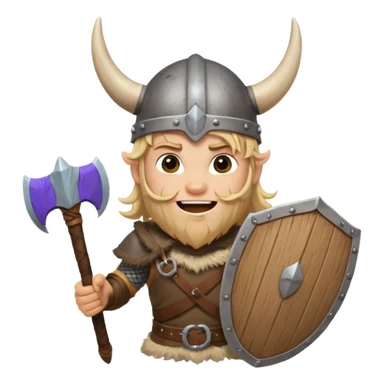 A young Viking warrior with messy blond hair, wooden shield, and fierce excited grin with horned helmet sticker