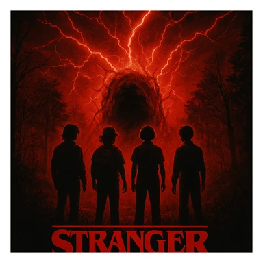 Stranger Things series horror poster style, the kids standing in front of the Upside Down portal with red lightning sticker