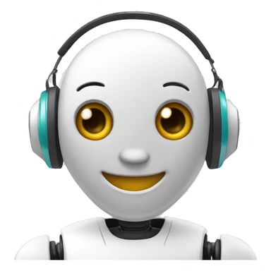 A friendly robot smiling and wearing a headset sticker