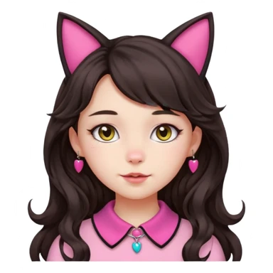 Make the girl's hair long, dark, and wavy (curled), not short or tightly curled. Keep the cat ears (no headband) and the cute pink or silver collar. Maintain the apple emoji style with a transparent background. sticker