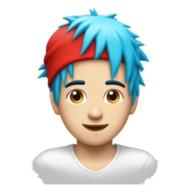 a white kid with cyan blue spiky hair with a red hat and a white shirt with a red circle in the middle and in the circle theres a red tilted line in it sticker