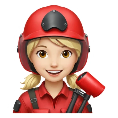 blond girl playing paintball with red paintball helmet, only face sticker