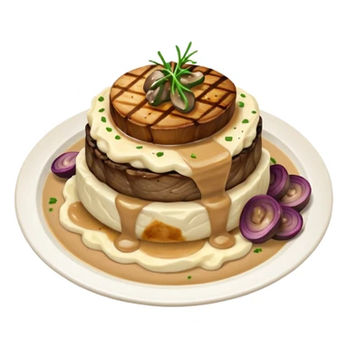 One Filet with mashed potato’s covered with mushroom gravy with grilled onions sticker