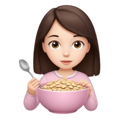 Brunette girl eating oats in a light pink bowl with a bow top sticker