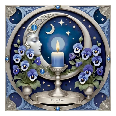 A mystical scene where deep blue and light blue pansies bloom under a silver crescent moon, casting an ethereal glow across the enchanted garden. A round, pearl-colored candle flickers atop an ornate silver stand, its wax melting into swirling patterns resembling planetary orbits. Surrounding it, a set of celestial tarot cards—The Moon, The Star, and The High Priestess—are carefully placed, their intricate silver engravings shimmering with divinatory power. The background sky is adorned with floating zodiac constellations, softly pulsing as if alive, while a trail of stardust leads to a glowing cosmic portal that opens into a swirling galaxy. sticker