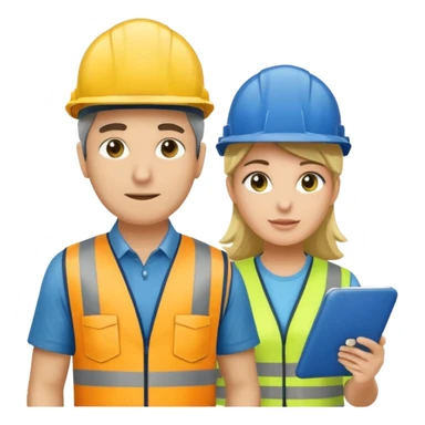 Um homem e uma mulher amarelos com capacete de obras azul escuro e camisa social cinza com faixas refletivas verdes nos braços. Um deles deve estar segurando um megafone sticker