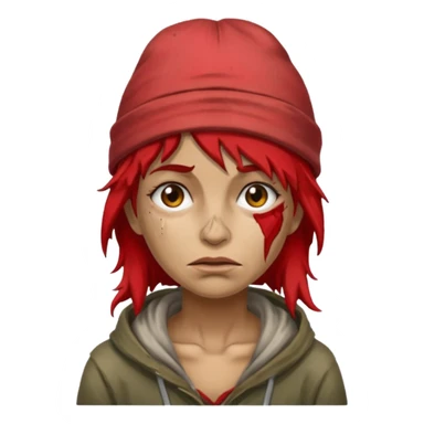very dirty looking homeless woman with ripped red hat with ugly hair sticker