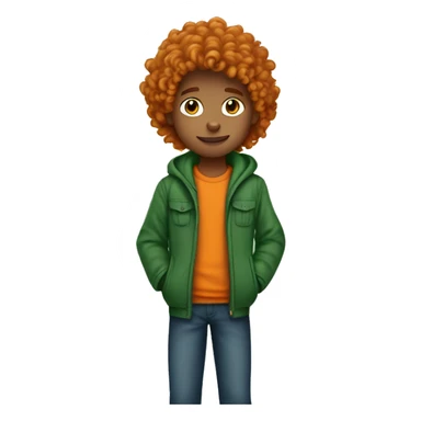 a curly long haird boy with green jacket holding an orange cat sticker