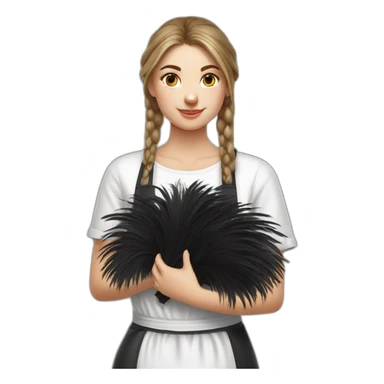 Slavic girl in a white T-shirt and a black apron holds ostrich feathers for dusting sticker