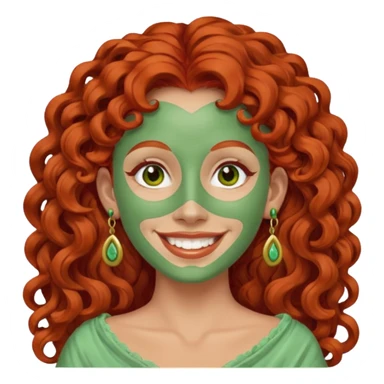 red haired very long curly haired woman with full face light green clay mask  and big earrings  sticker