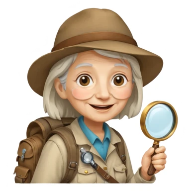 Explorer old woman with magnifying glass and backpack sticker