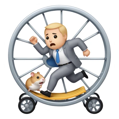 "Create an emoji of a stressed-out agency owner or coach, running on a hamster wheel, chasing after clients with desperation. The character looks frustrated and tired, symbolizing unpredictable income."

 sticker