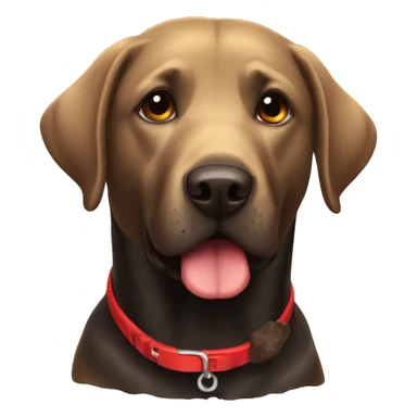 A black dog labrador with a red collar next to poo sticker